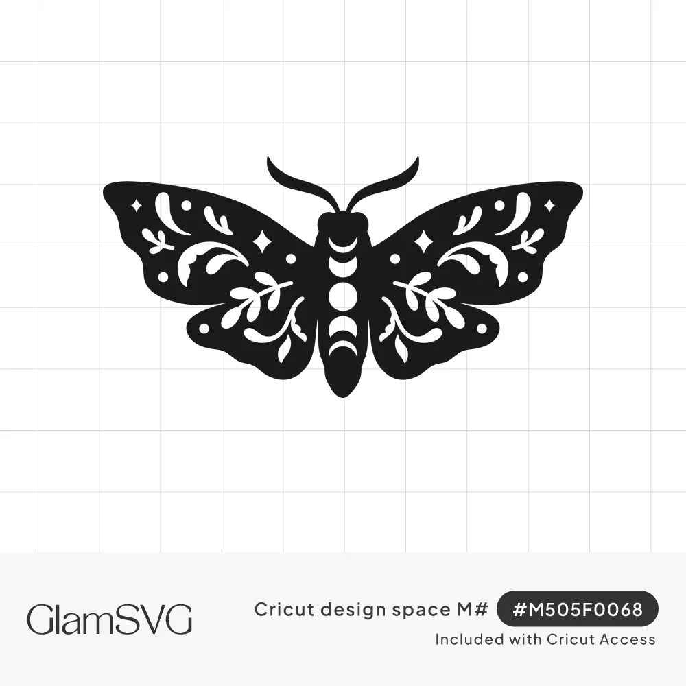 Black silhouette moth with moon phases on its body and wings decorated with leaf sprigs, stars and dot cutouts