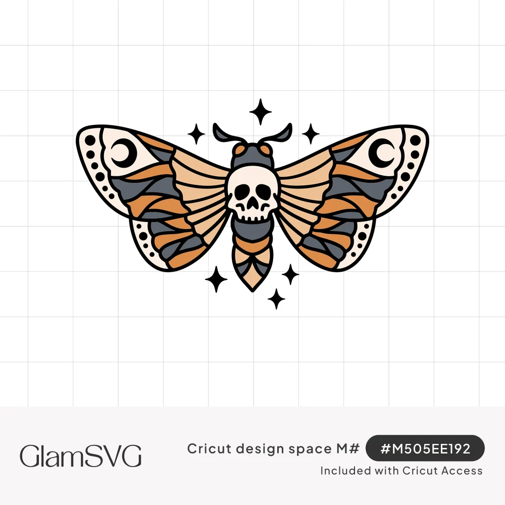 Death's head moth illustration with a skull on its body, crescent moons on the wings and small stars around it