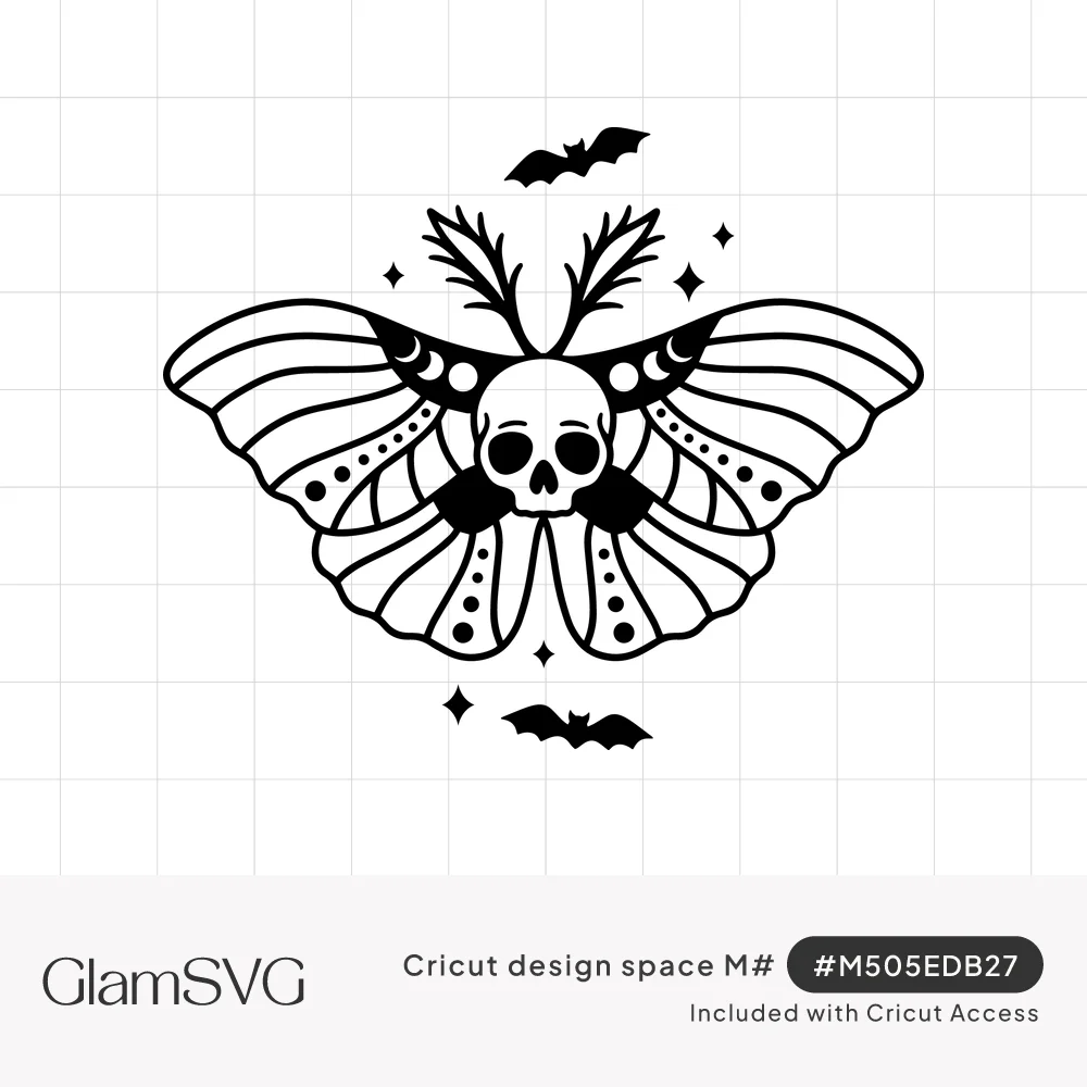 Black line-art moth with a skull body, crescent moons and dotted wings, two bats and small sparkle stars around it