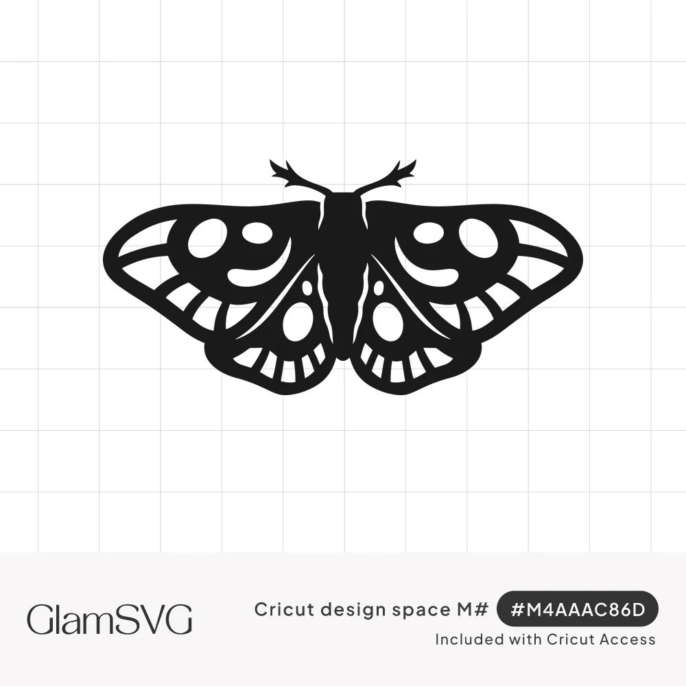 Black silhouette of a moth with open wings, feathered antennae and symmetrical cutout spots and stripes