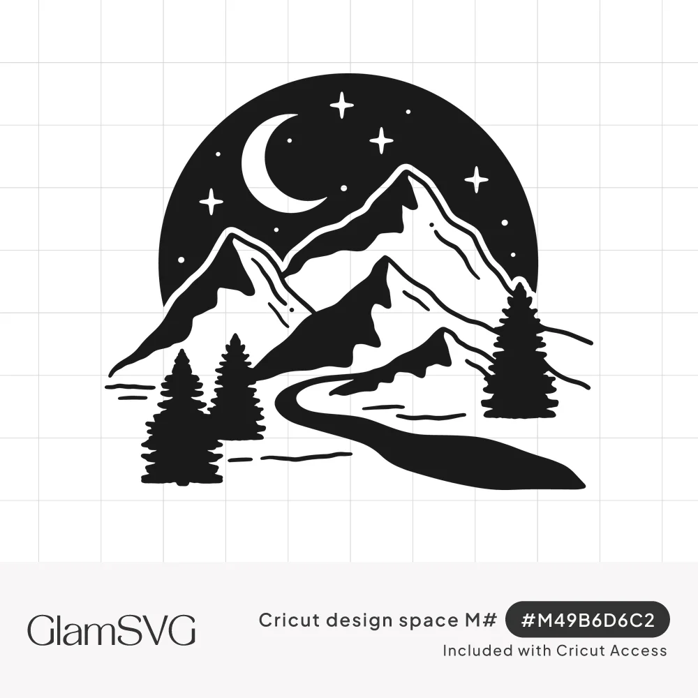 Black silhouette of mountains under a crescent moon and stars, with pine trees and a winding river in a circle