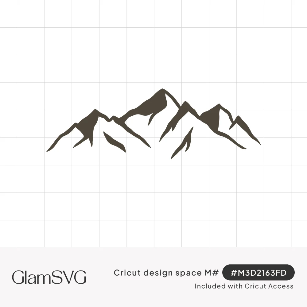 Dark silhouette of a jagged mountain range with three main peaks and white cutouts showing snowy ridges