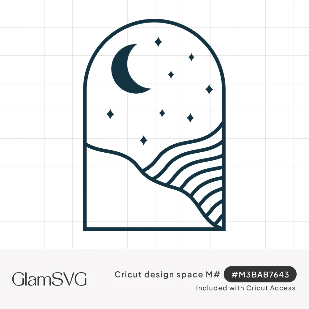Line art arch window with a crescent moon, small stars and rolling striped hills in dark teal