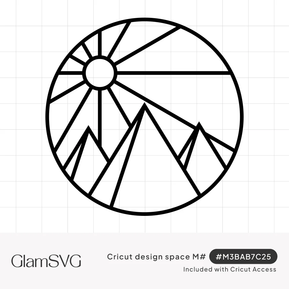 Black line art of three geometric mountain peaks under a sun with straight rays, all inside a circle