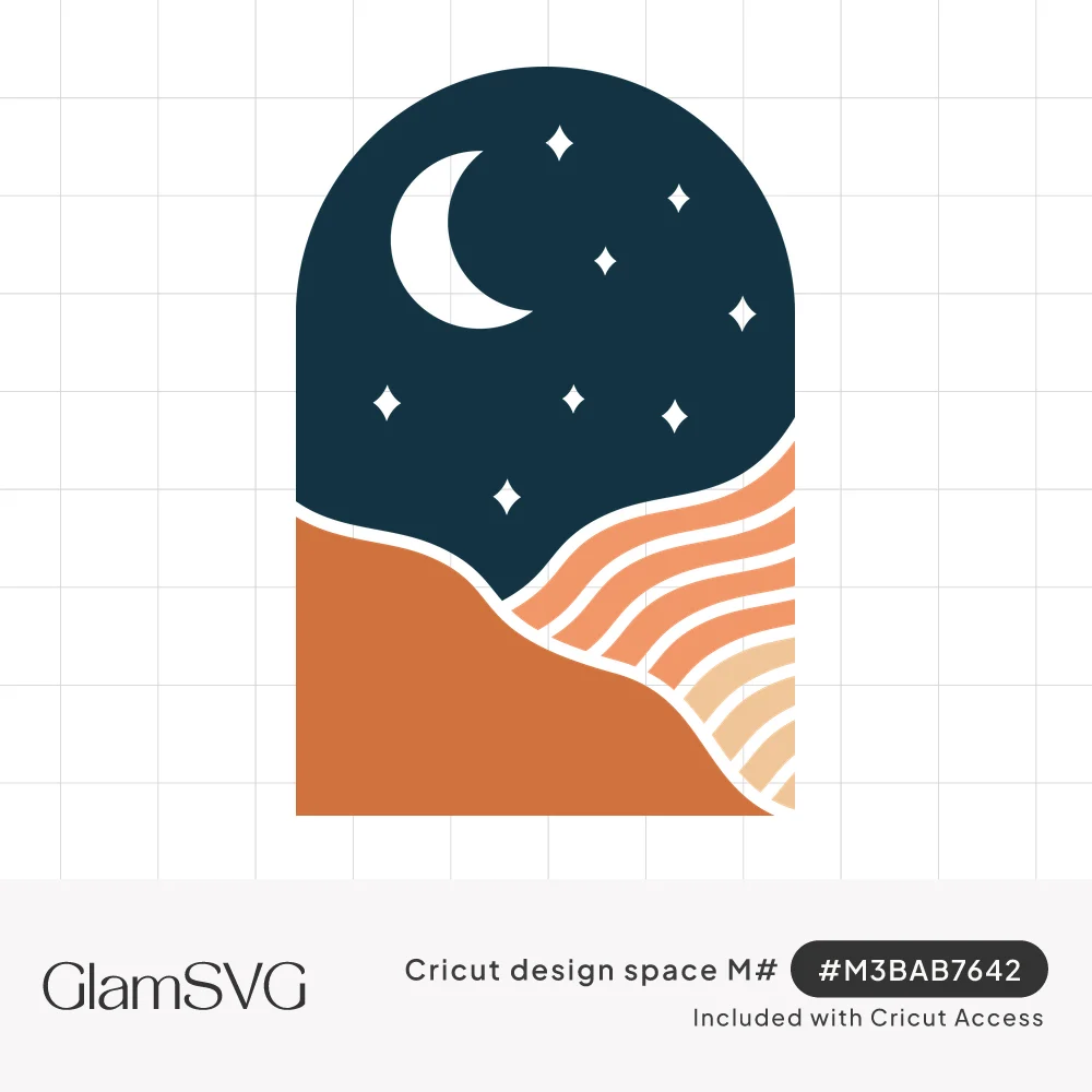 Arch-shaped boho illustration of a crescent moon and stars in a navy sky above striped terracotta and peach desert dunes