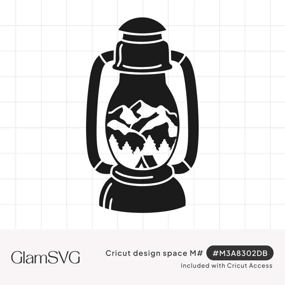 Black silhouette of a camping lantern with snowy mountains, pine trees and a small tent shown inside the glass