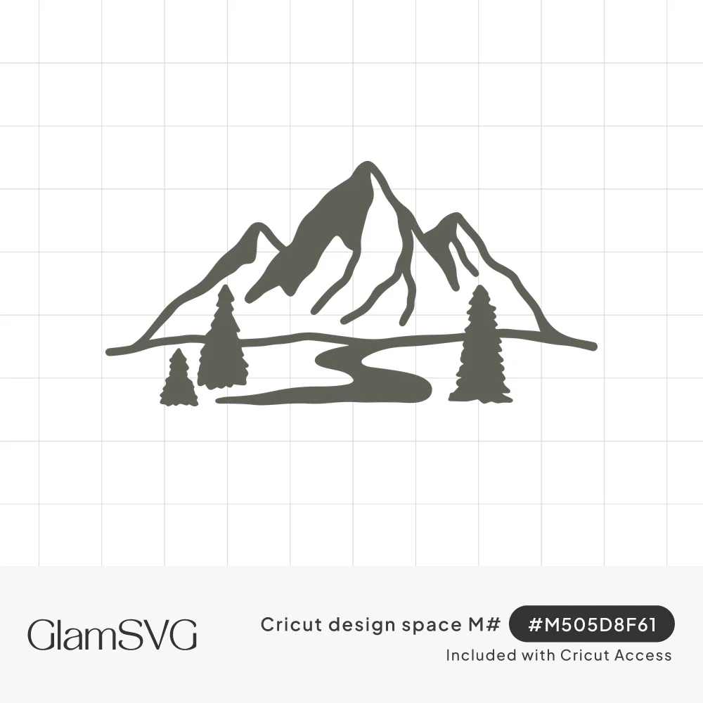 Gray line drawing of jagged mountain peaks with a winding river and three pine trees in the foreground