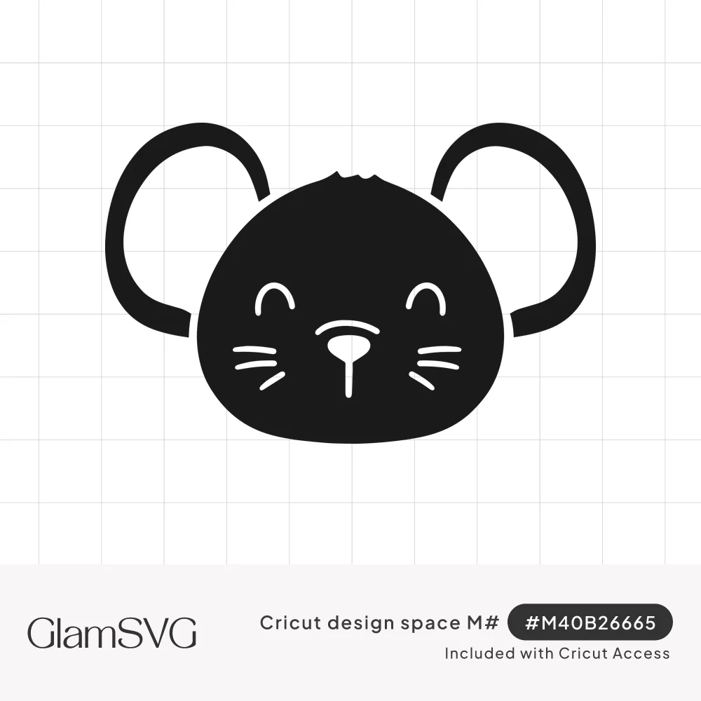 Black silhouette of a cute mouse face with large curved ears, closed smiling eyes, a small nose and whiskers
