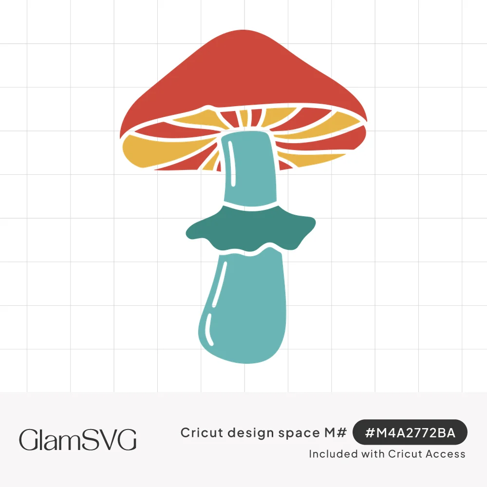 Retro mushroom illustration with a red cap, yellow gills and a teal stem with a ruffled ring