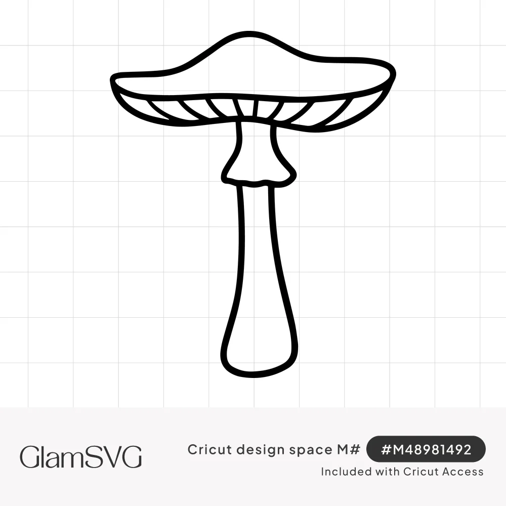 Black outline drawing of a tall mushroom with a wide domed cap, visible gills and a long thin stem with a ring