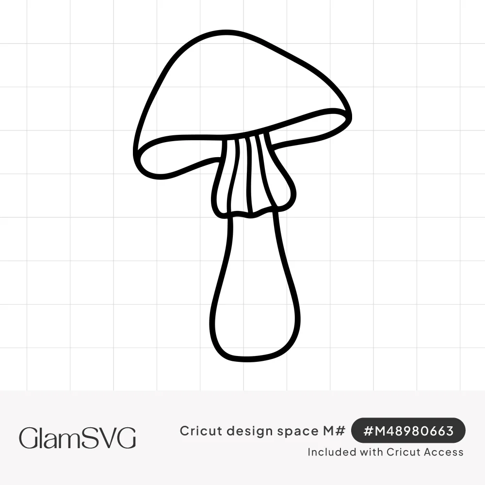 Black outline drawing of a single mushroom with a rounded cap, curved gill lines and a tall tapering stem with a ring