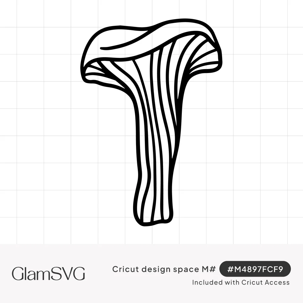 Black line drawing of a chanterelle mushroom with a ruffled wavy cap and long ridges running down its tall stem
