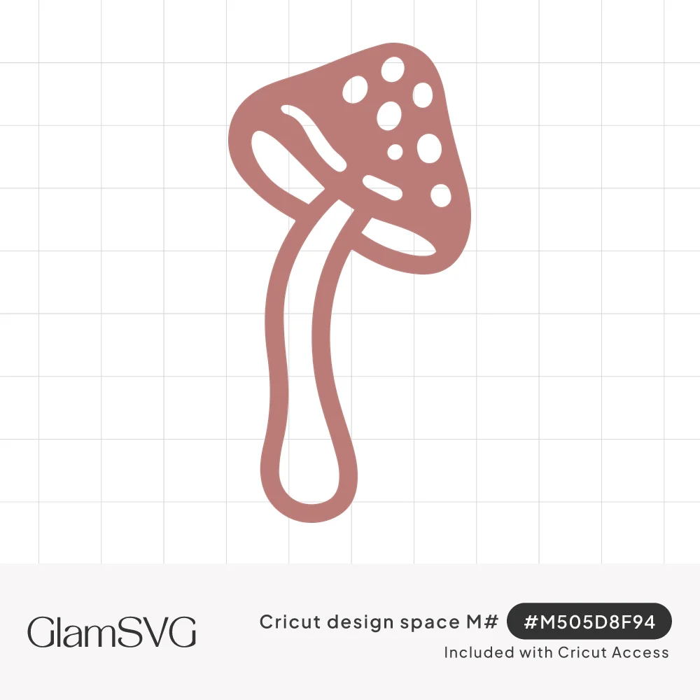 Single-color outline of a tall mushroom with a tilted spotted cap and long curving stem