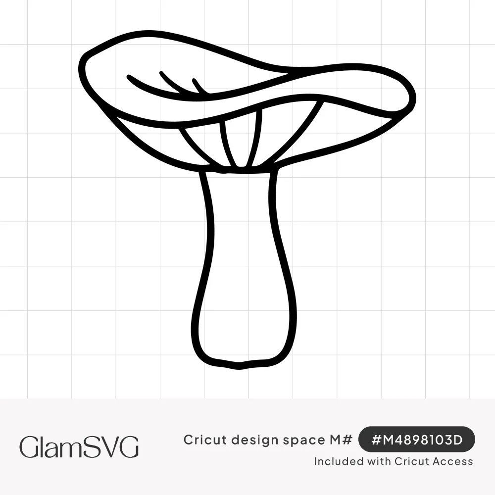 Black outline drawing of a single mushroom with a wavy upturned cap, visible gills and a tall curved stem
