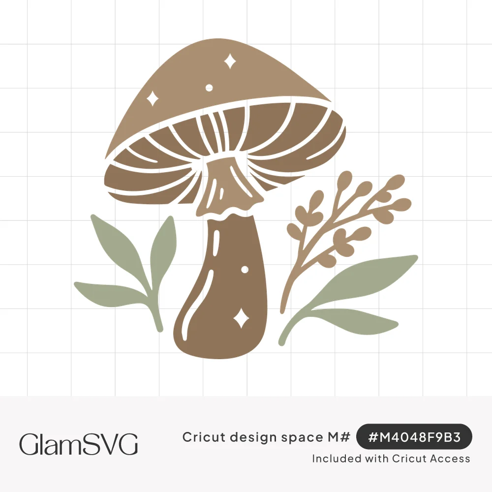 Brown mushroom with gilled cap and sparkle accents, flanked by sage green leaves and a brown seed sprig