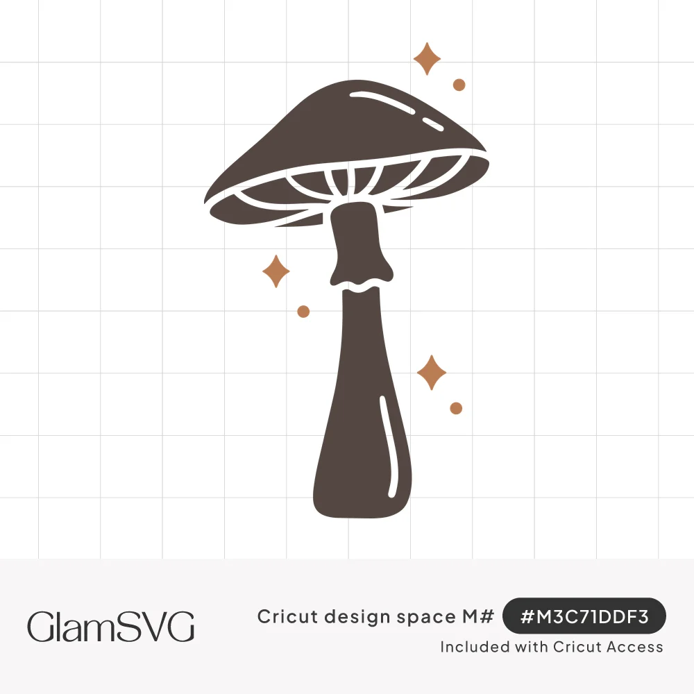 Tall dark brown mushroom with a wide cap and visible gills, surrounded by small copper sparkles and dots
