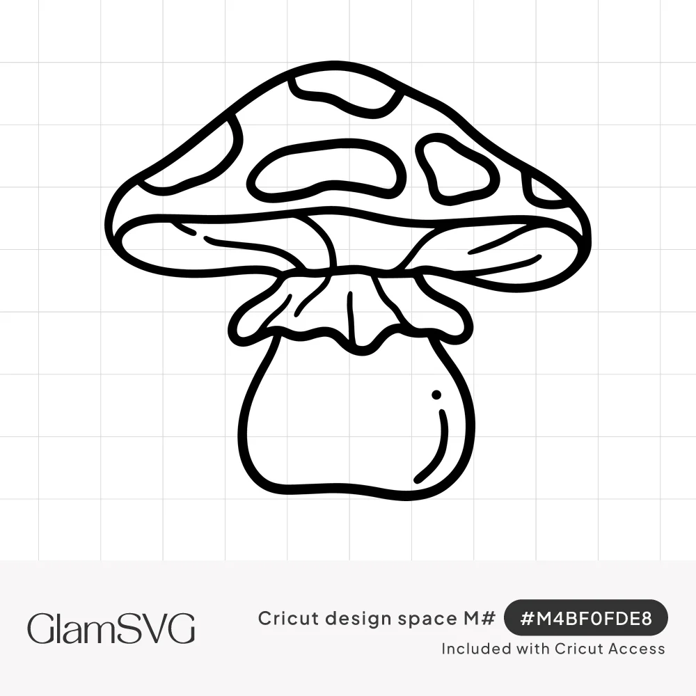 Black line drawing of a toadstool mushroom with a spotted domed cap, ruffled ring and rounded plump stem