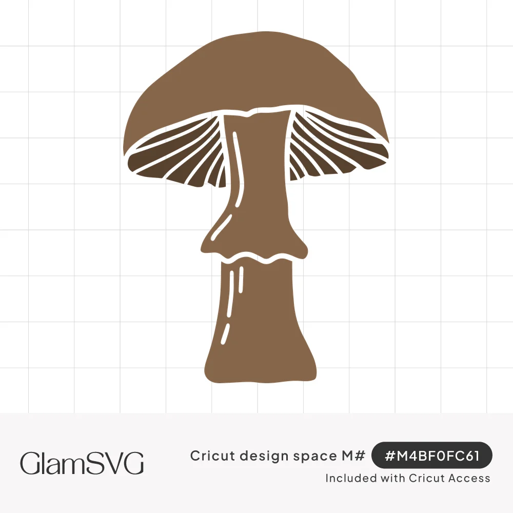 Brown silhouette of a tall mushroom with a domed cap, white gill lines underneath and a ruffled ring on the stem