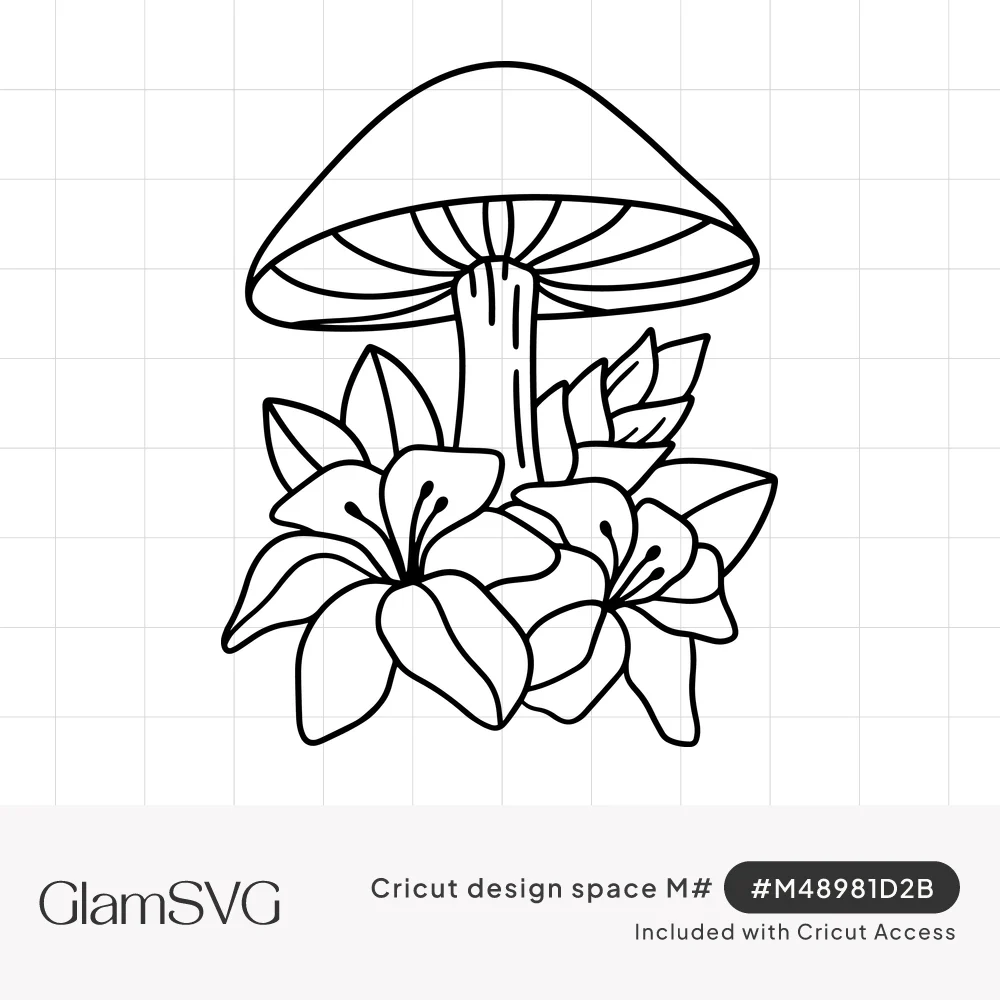 Black line drawing of a tall mushroom with a wide cap growing out of a cluster of lily flowers and leaves