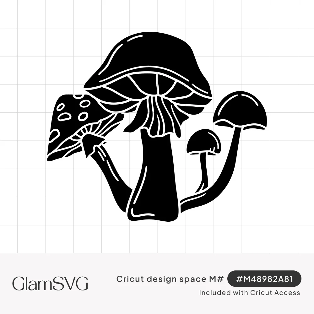 Black silhouette of four mushrooms, including a spotted toadstool and tall bell cap, with white gill and highlight lines