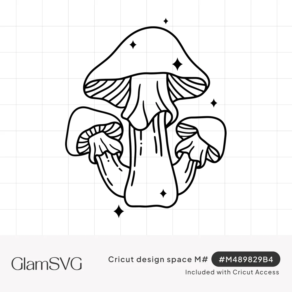 Black line drawing of three mushrooms, one tall in the center and two small at its sides, surrounded by small sparkles