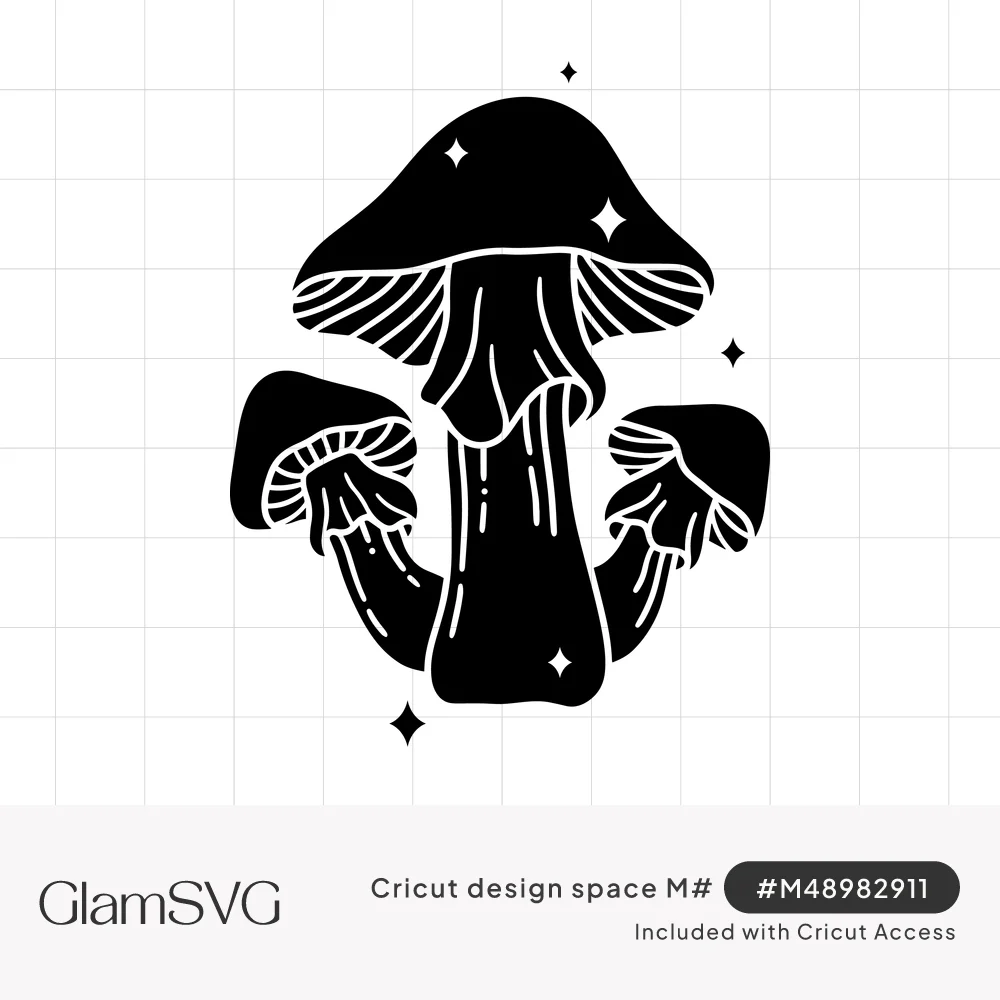 Black silhouette of three mushrooms with white gill and stem line details surrounded by small sparkle stars