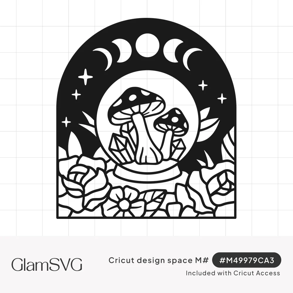 Black arched illustration of mushrooms and crystals in a crystal ball under moon phases and stars, with roses below