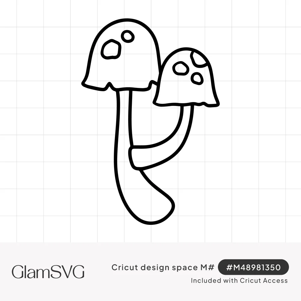 Black outline drawing of two spotted mushrooms with wavy-edged caps growing from one curved stem