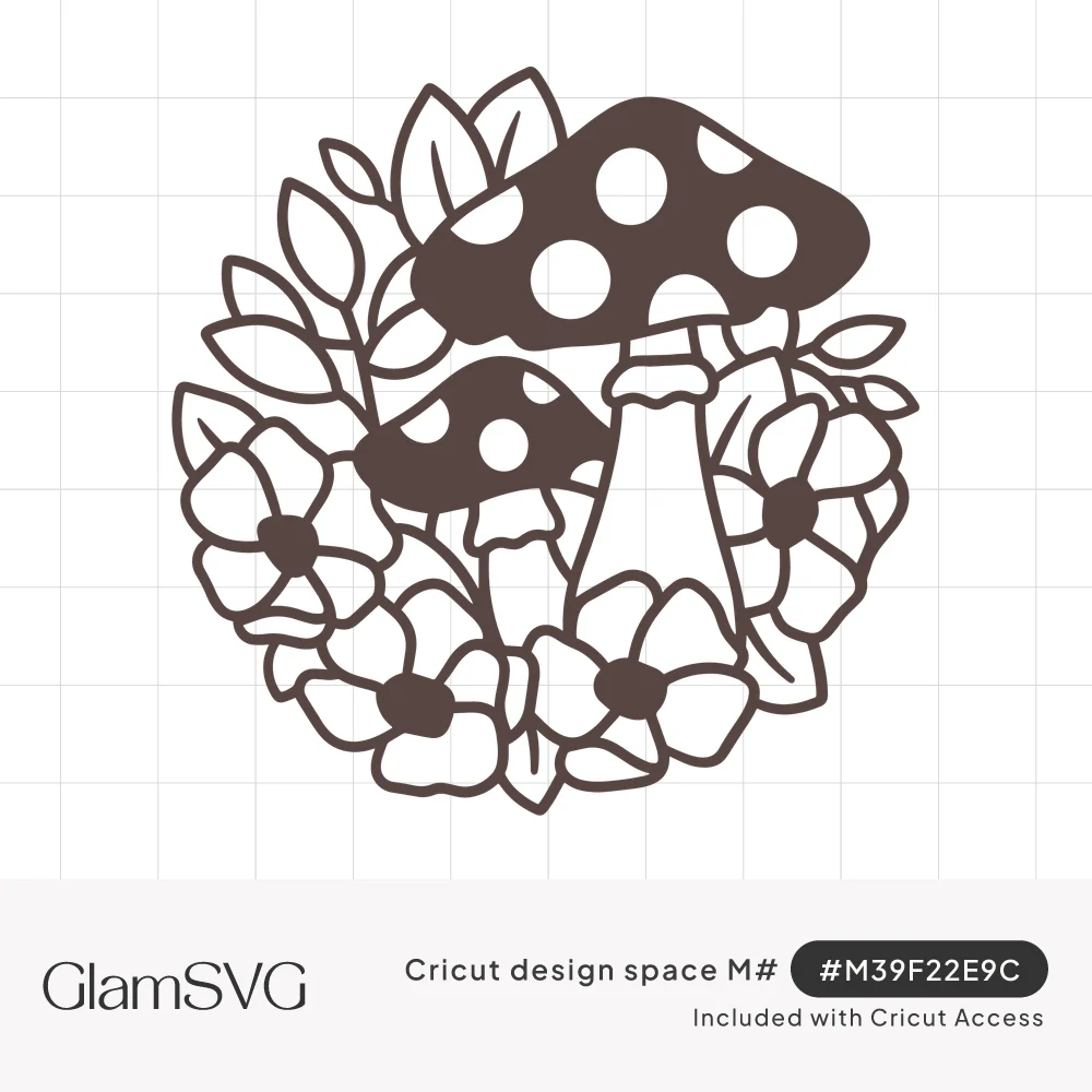 Line art of two spotted toadstool mushrooms surrounded by five-petal flowers and leaves in a circular cluster