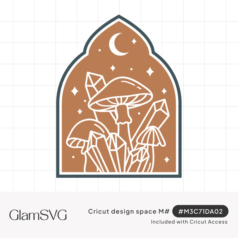 Line-drawn mushrooms and crystals under a crescent moon and stars inside a rust-colored arched frame with dark border
