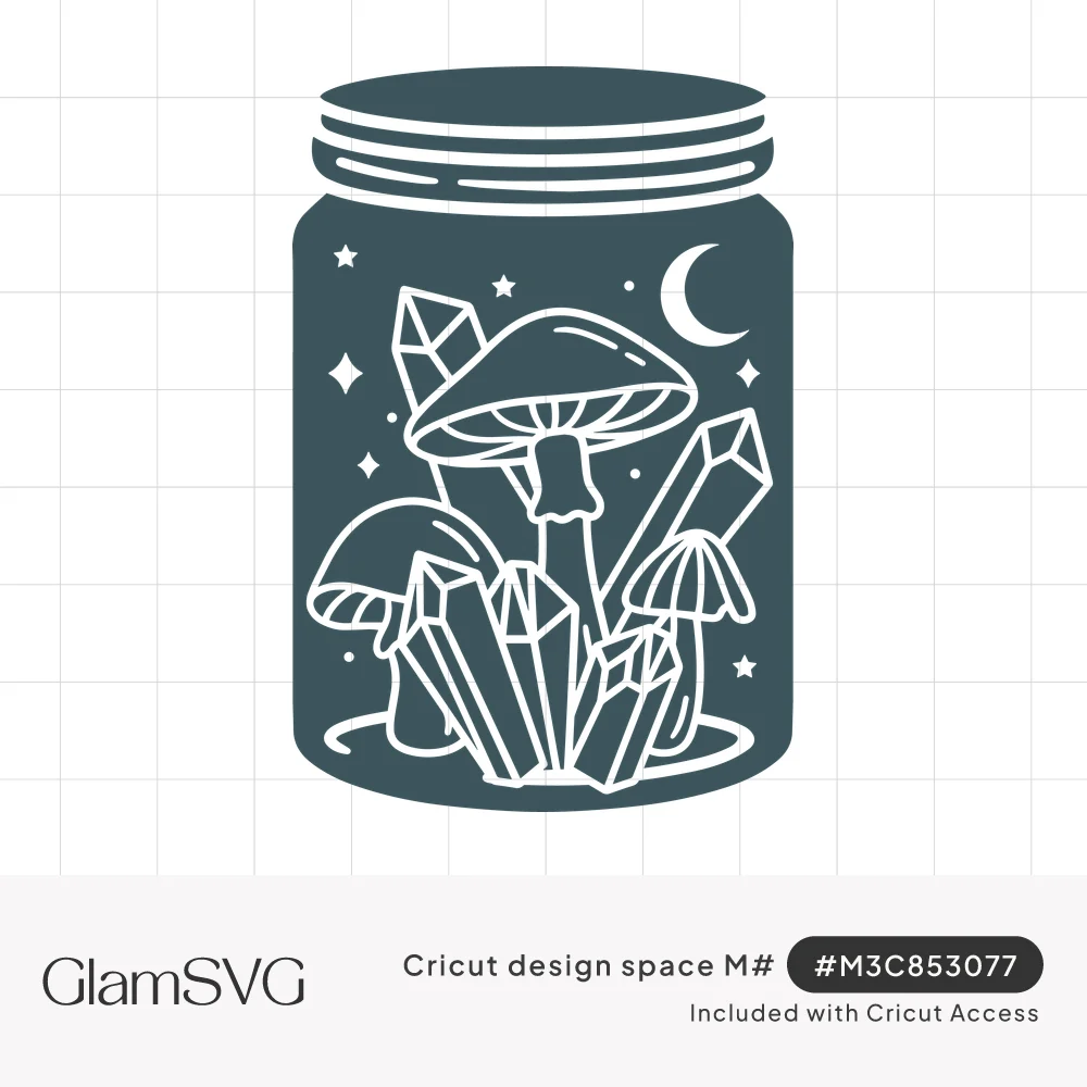 Mason jar silhouette holding line-drawn mushrooms and crystals with a crescent moon and stars above