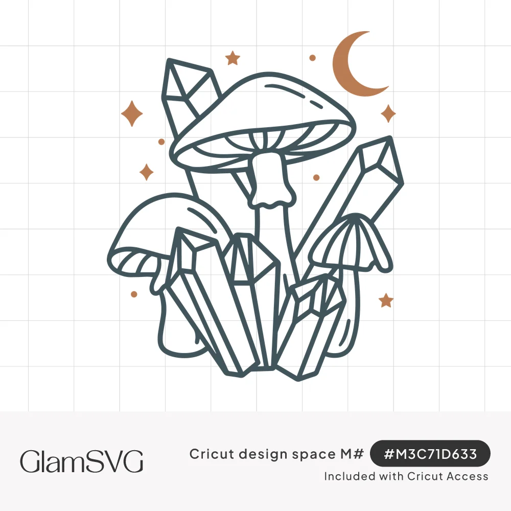 Line art of mushrooms and quartz crystals with a copper crescent moon, stars and sparkles around them