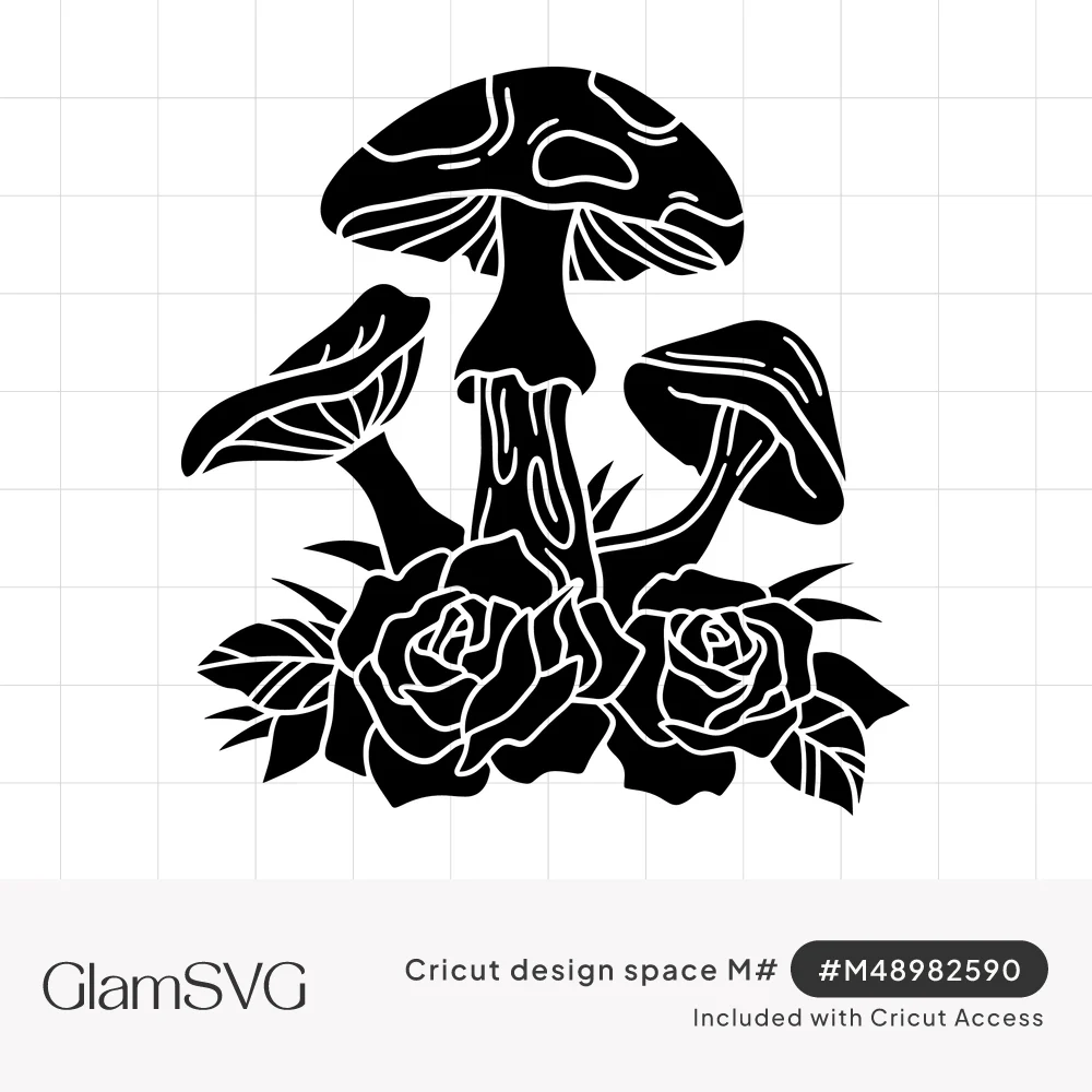Black silhouette of three mushrooms with speckled caps growing above two roses and leaves, detailed with white line accents