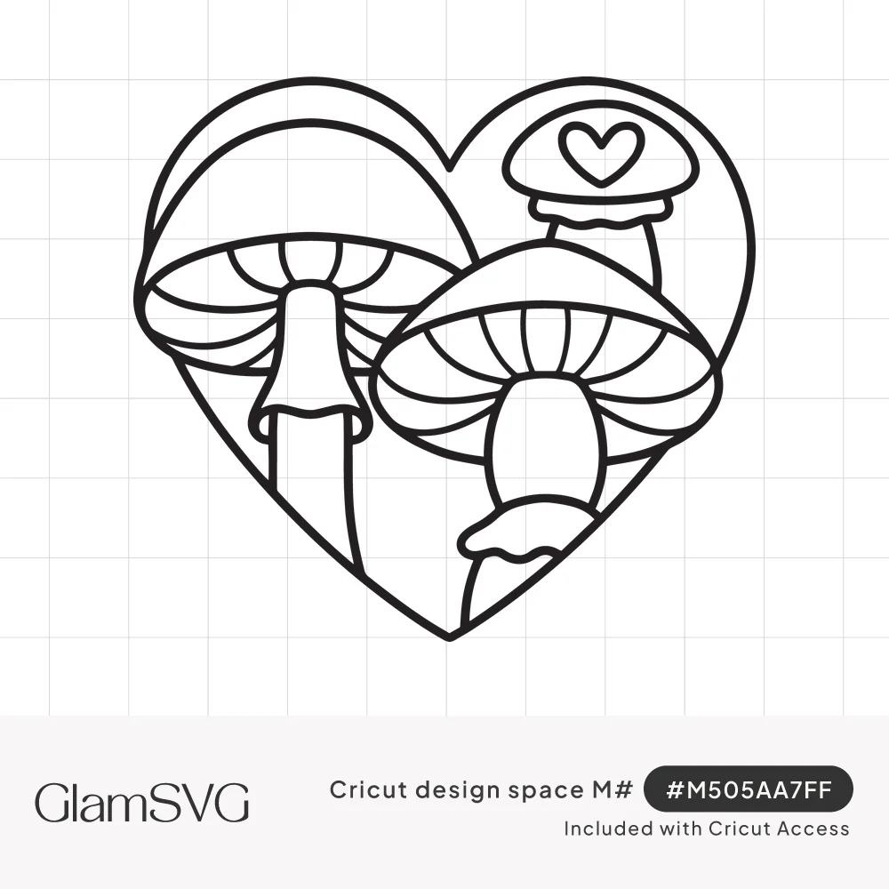 Black line art of three mushrooms inside a heart outline, the smallest mushroom cap decorated with a tiny heart