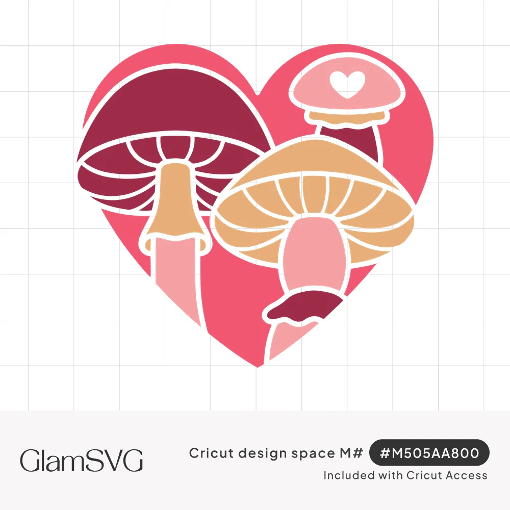 Pink heart shape filled with four layered mushrooms in berry, peach and pink, one small cap marked with a white heart