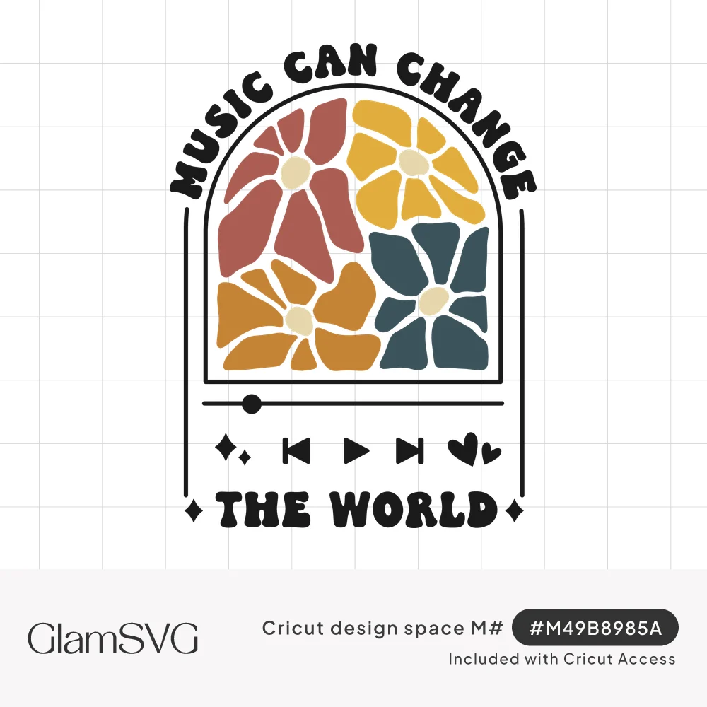 Retro text Music Can Change the World around an arch of rust, mustard and teal flowers above music player controls