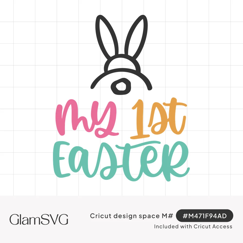 Outline of a bunny from behind with a fluffy tail above hand-lettered My 1st Easter in pink, orange and teal