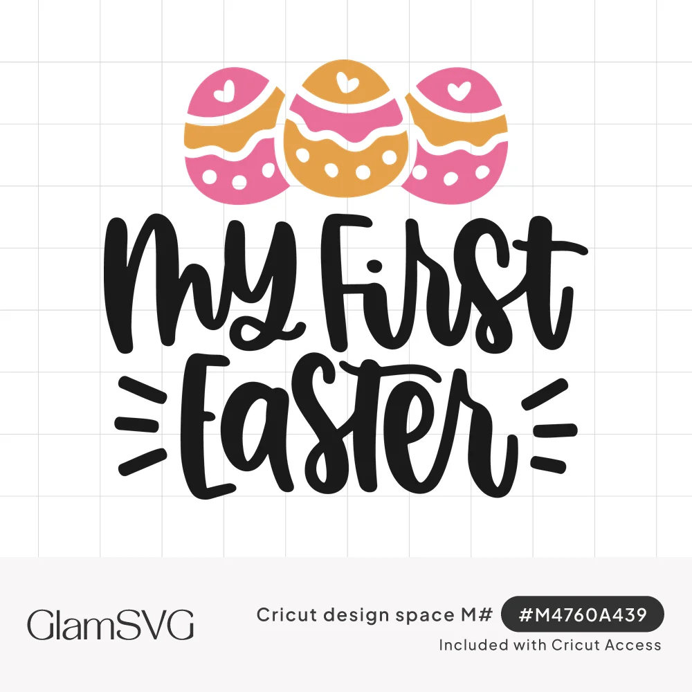 Three pink and orange decorated Easter eggs above black hand-lettered text reading My First Easter