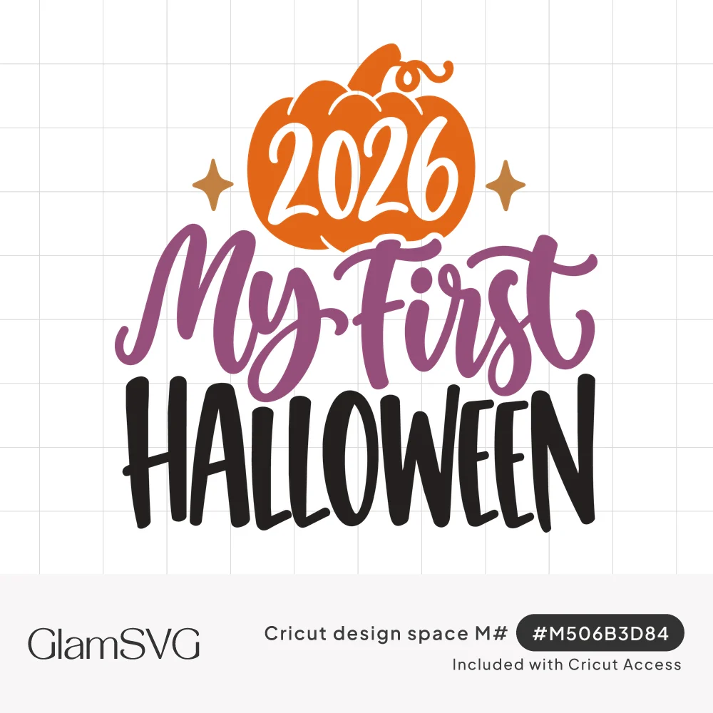 Orange pumpkin with 2026 above purple script My First and black Halloween lettering with small gold sparkles
