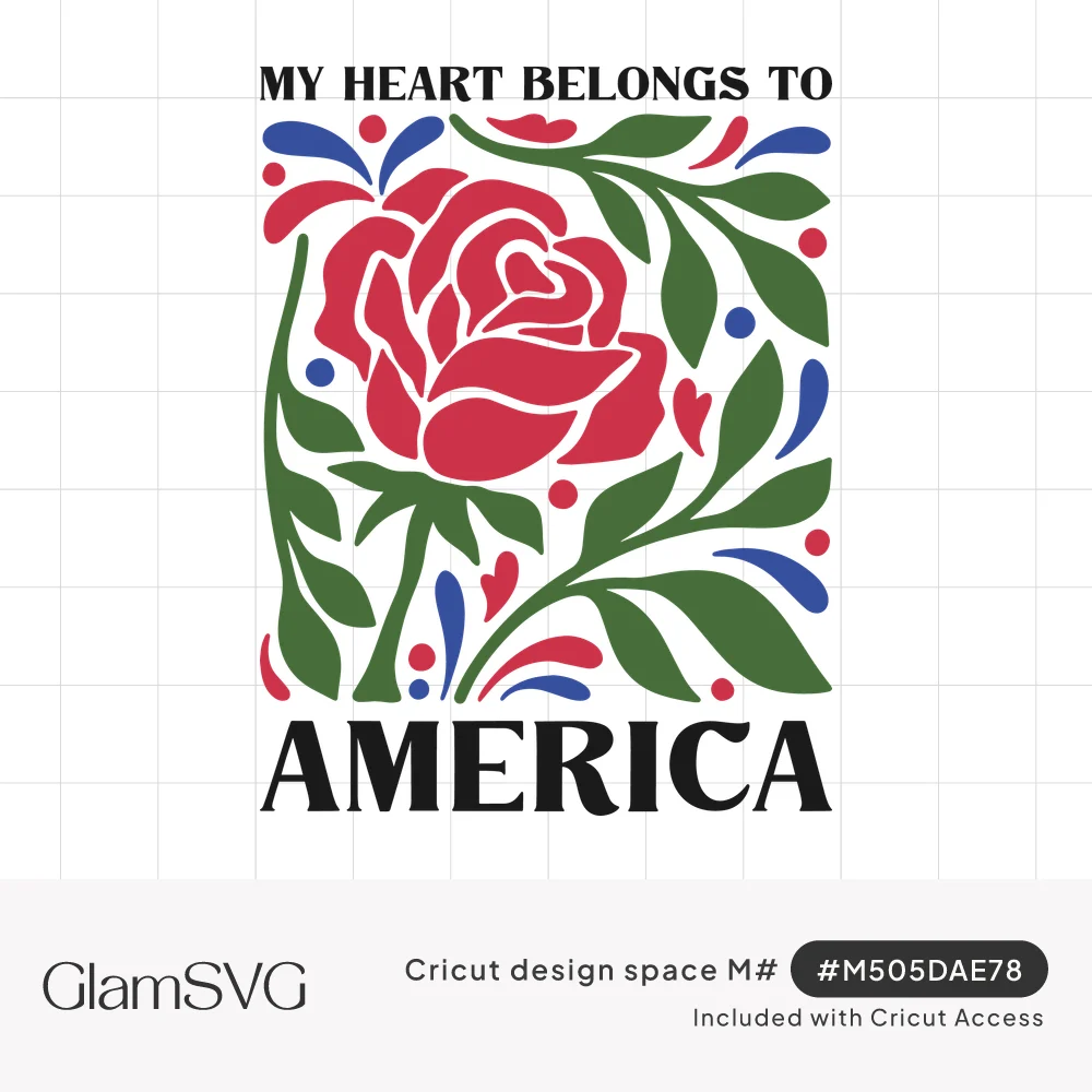 Red folk-art rose with green leaves and blue accents between the words My Heart Belongs To and America