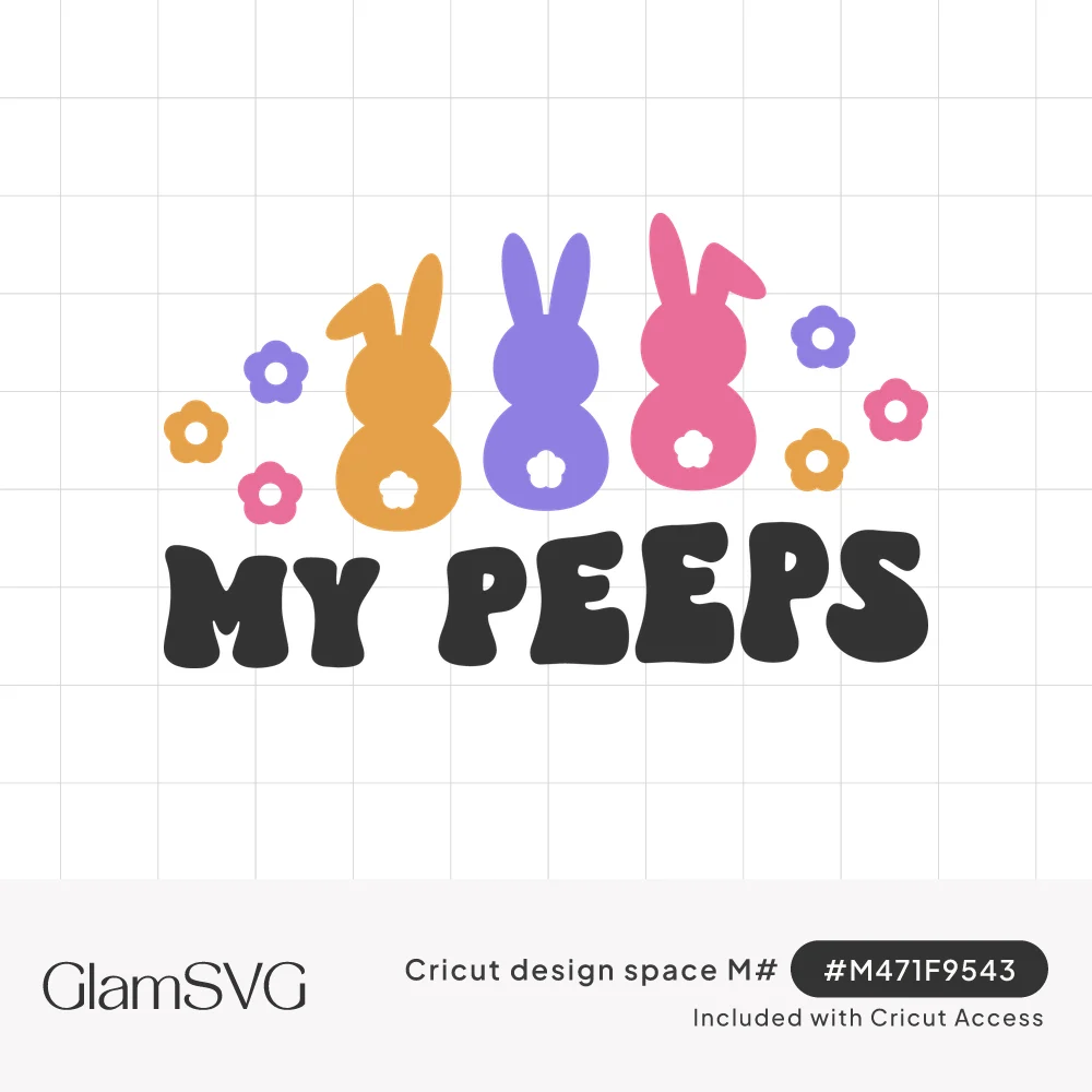 Orange, purple and pink bunny silhouettes from behind with cotton tails, small flowers, and bold My Peeps text below