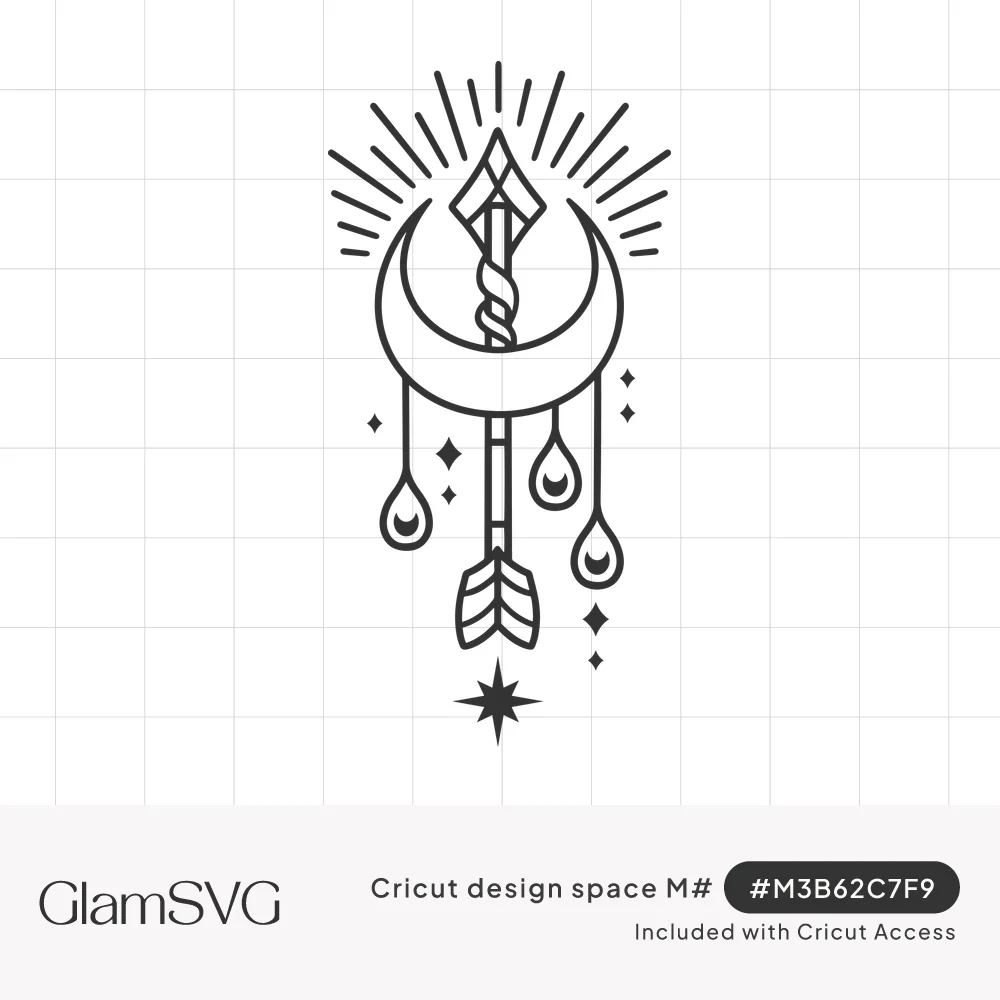 Line art of a crescent moon pierced by a wrapped arrow, with sun rays above, hanging teardrops and small stars