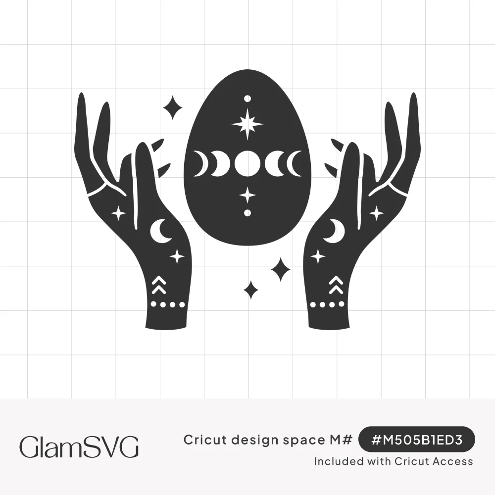 Black silhouette of two hands with crescent moons holding an egg decorated with moon phases and stars, surrounded by sparkles