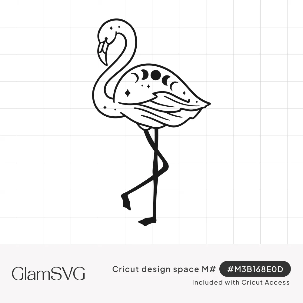 Black line art flamingo walking on one bent leg, with moon phases and small stars decorating its body
