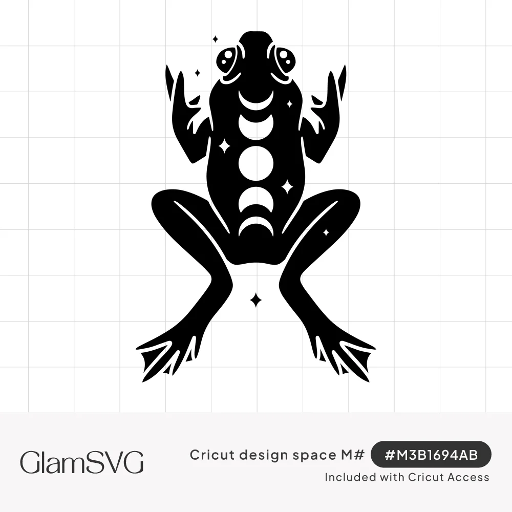 Black silhouette frog seen from above with moon phases down its back and small sparkle stars around it