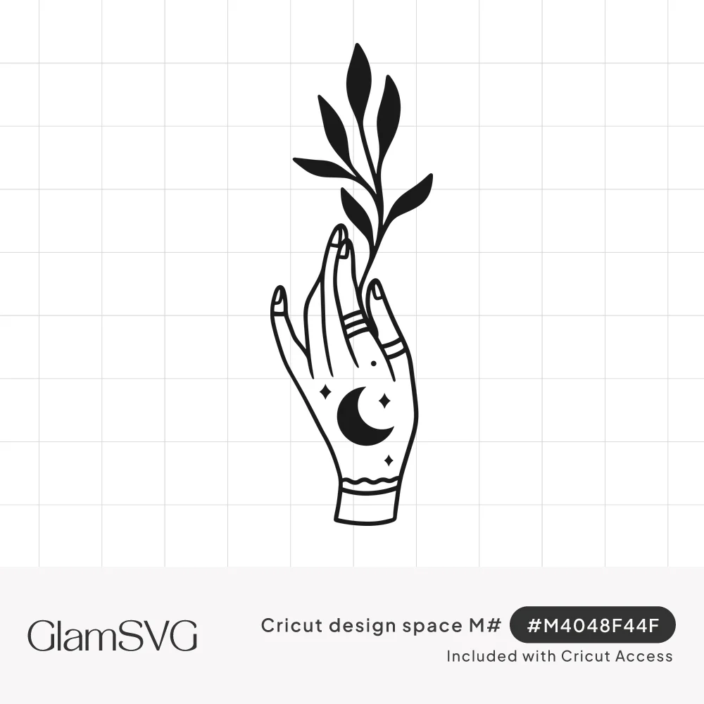 Black line art hand with rings, a crescent moon and stars on its back, holding a tall leafy sprig