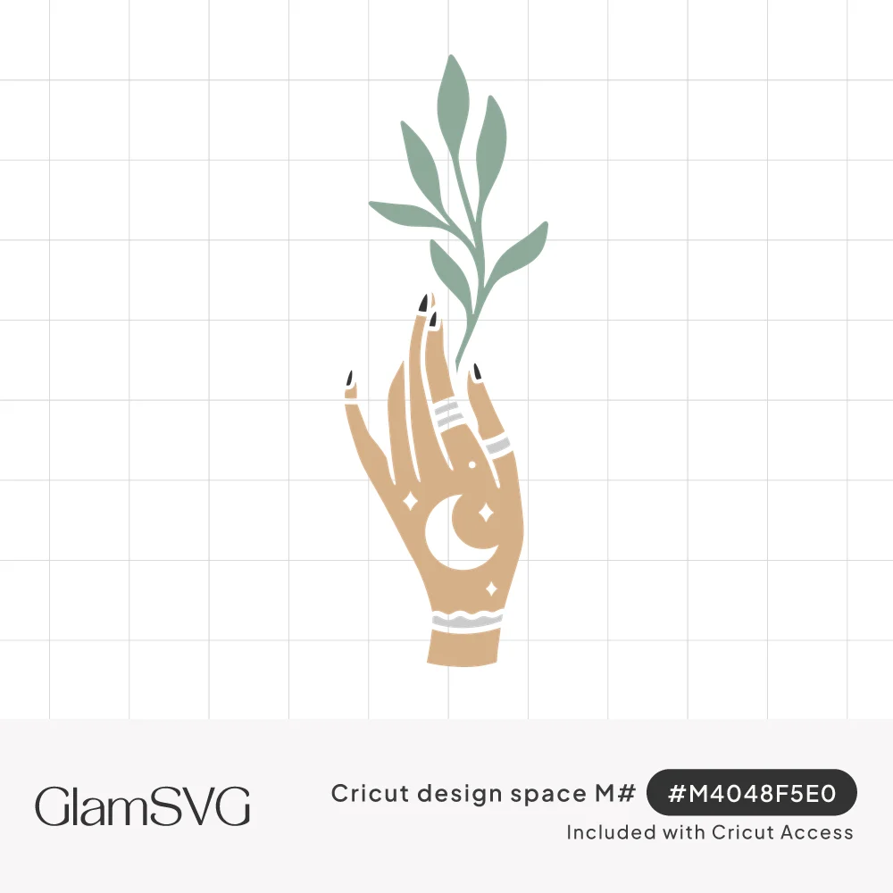 Tan illustrated hand with black nails and rings holding a green leafy sprig, crescent moon and stars on the palm