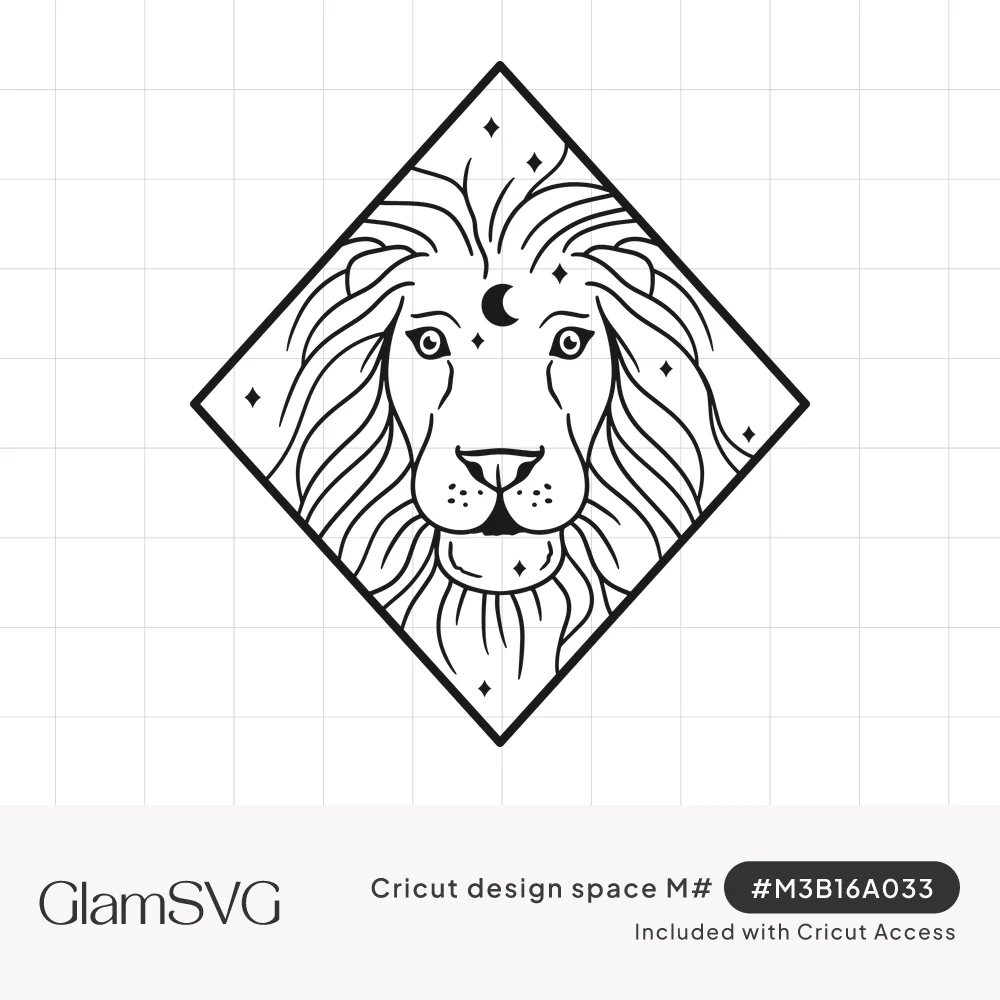 Black line art lion face with a crescent moon on its forehead and small stars, set inside a diamond-shaped frame