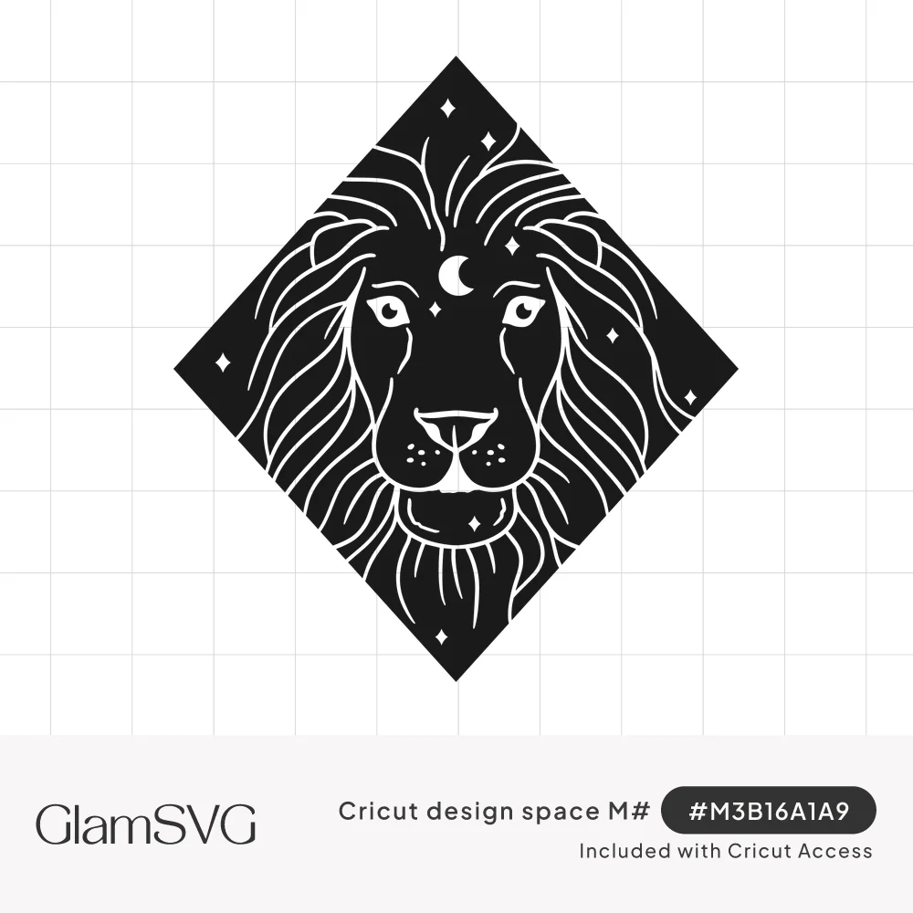 White line-art lion face with a crescent moon on its forehead and small stars, set inside a black diamond shape