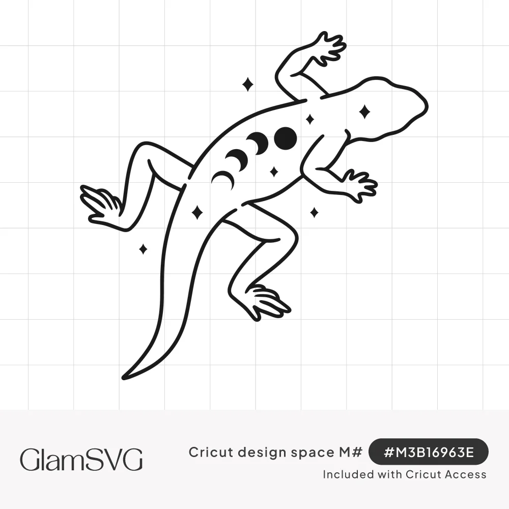 Black outline drawing of a climbing lizard with moon phases down its back and small sparkle stars around it
